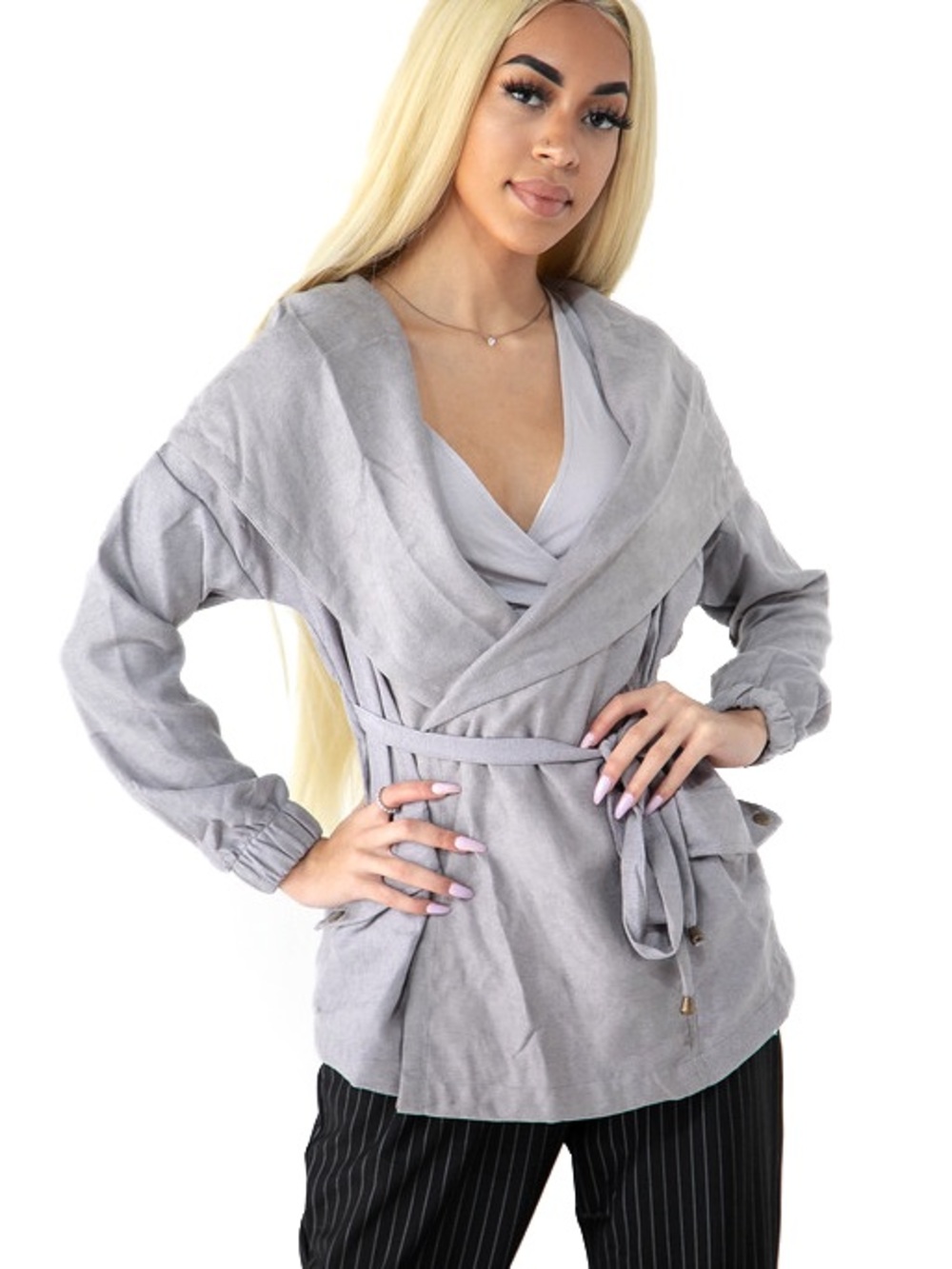 Light Gray Tie-Waist Wrap Hooded Jacket